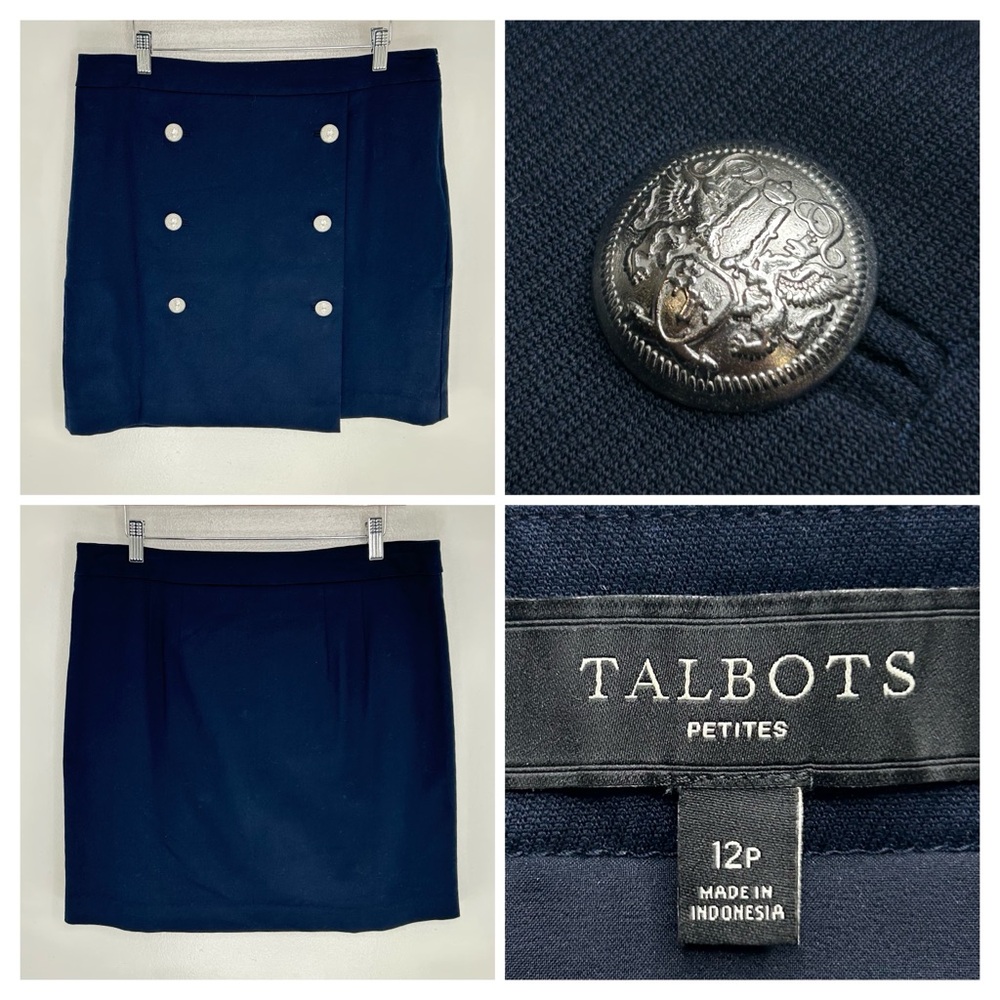 Talbots‎ Faux Wrap Silver Button Nautical Skirt Size 12P Petite Sailor Navy Blue